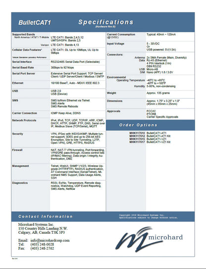Passerelle cellulaire IoT Microhard BULLETCAT1-AT1 CAT1 LTE - Comprend un adaptateur secteur et une antenne dipôle 2X