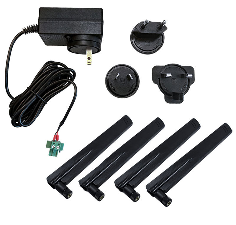 IX 5G Accessory Kit
Power Supply,18VDC 1.66A Wallmount Level VI, Ind. temp, Changeable plug tips, 2pin Combicon screw terminal plug
4x Cellular Antennas, Multi-Band 600-6000MHz Black Swivel