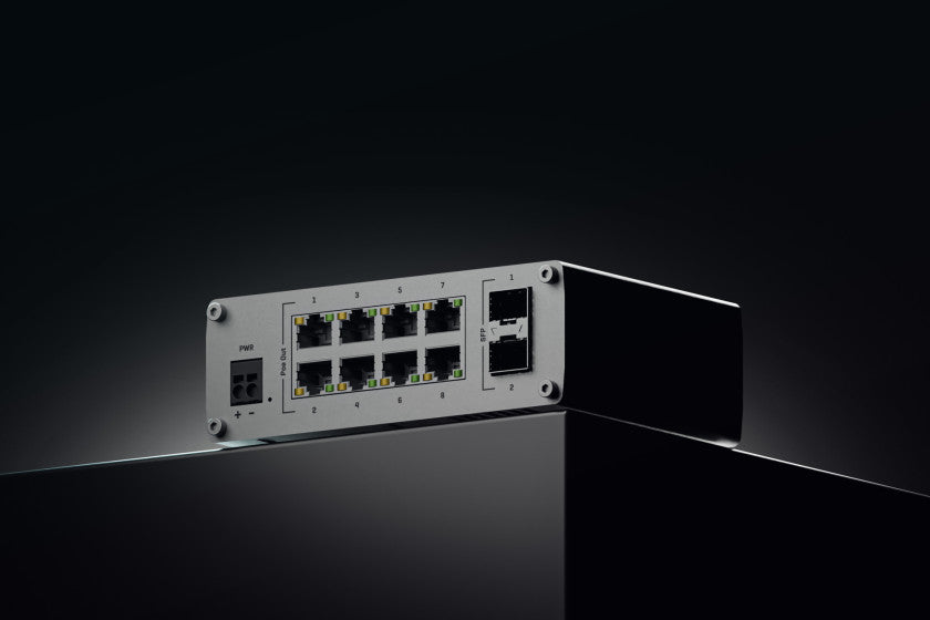 PoE+ , 8 x LAN Gigabit, 2 SFP ports, 2-pin. 240W total power budget