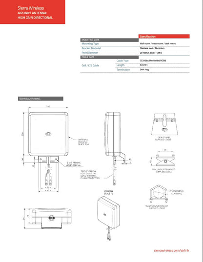 Sierra Wireless AirLink High Gain Directional Antenna - 2xLTE, Wall Mount, 5m, White (6001126)